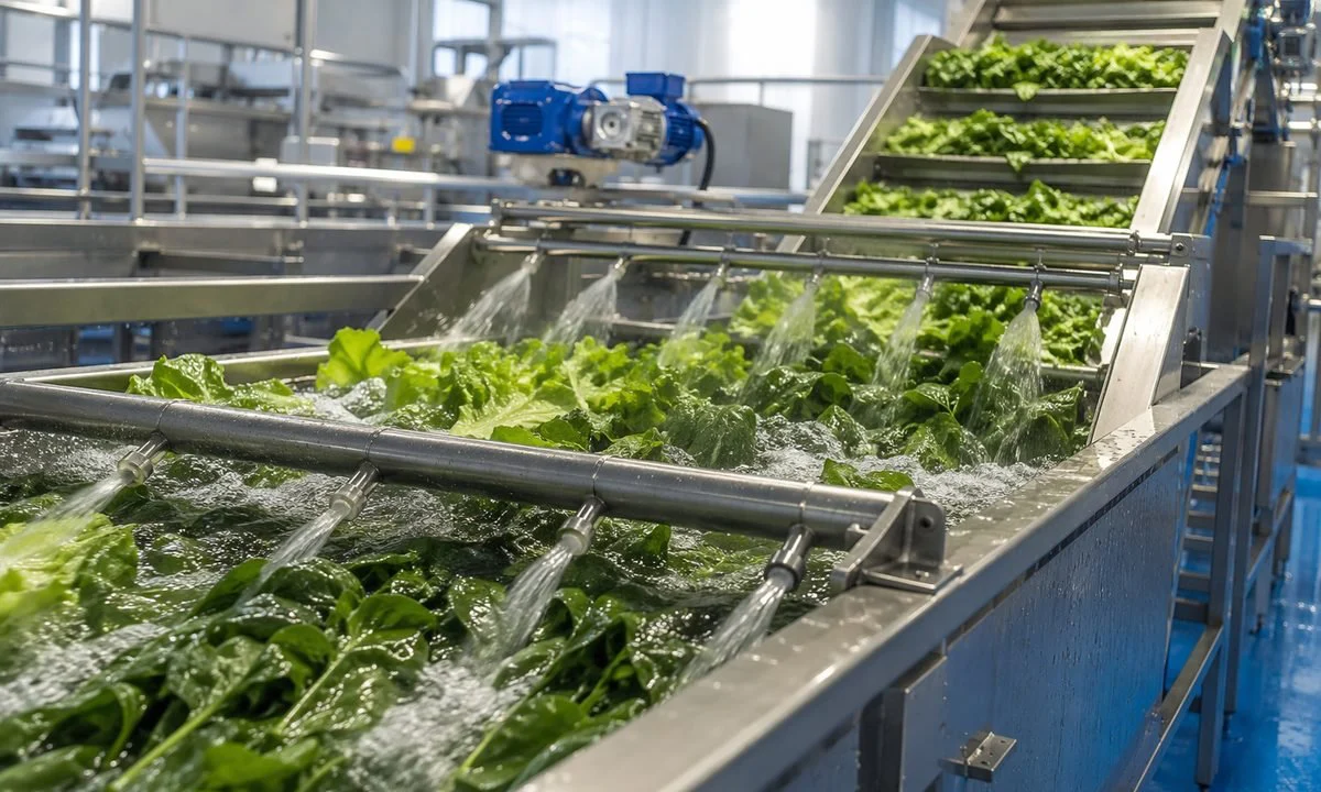 Vegetable washing line with bubble washer and conveyors